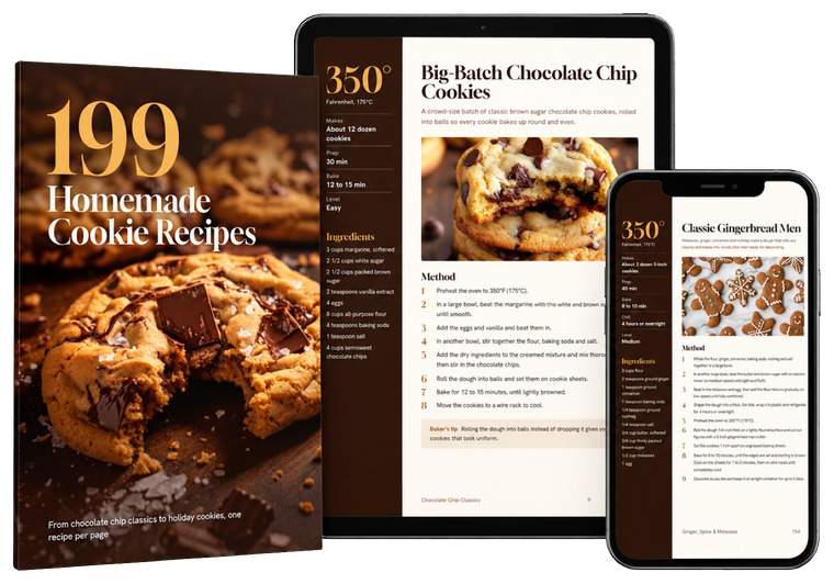 The 199 Homemade Cookie Recipes PDF: the cover with a close-up chocolate chunk cookie, and a screen open on the Big-Batch Chocolate Chip Cookies recipe page with 350 degrees in big type at the top. A badge reads Digital PDF, 219 pages.