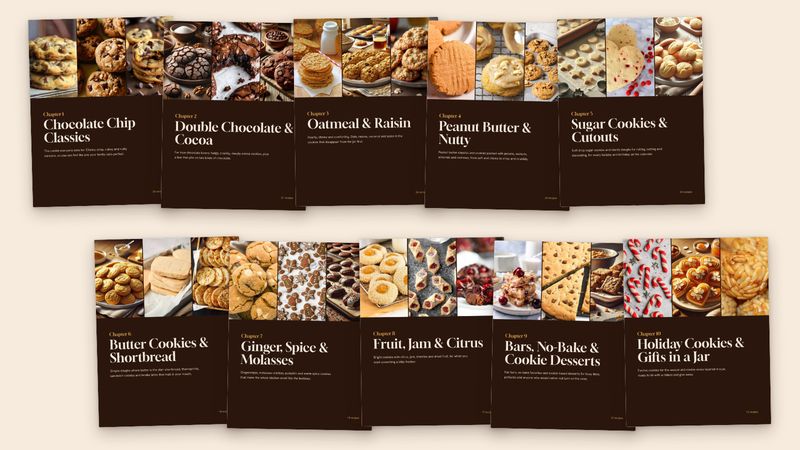 The 10 real chapter opener pages of the book in two rows, in book order, from Chocolate Chip Classics to Holiday Cookies and Gifts in a Jar.