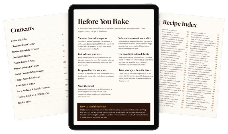 Three real pages from the book: the contents page, the Before You Bake page with its 7 habits in front, and the first page of the Recipe Index.