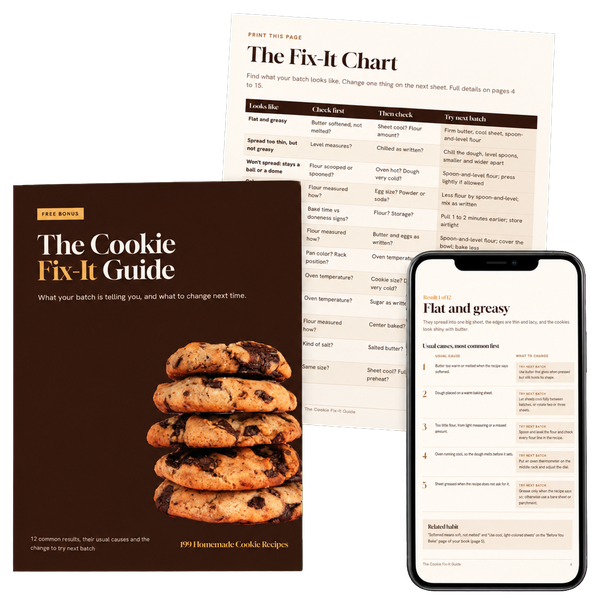 The Cookie Fix-It Guide PDF: its cover with a photo of a stack of chocolate chip cookies, the Fix-It Chart page behind it, and a phone open on the Flat and greasy page. Tag: Bonus 1, included free.