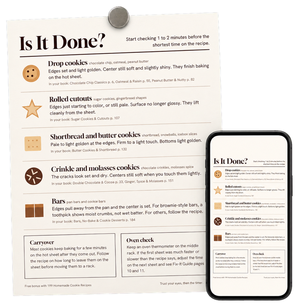 The Is It Done? Cookie Doneness Cheat Sheet, one page, drawn on a fridge under a magnet and also shown on a phone. Caption: Printable, 1 page.