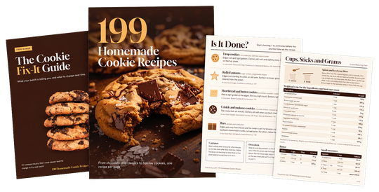 The bundle laid out together: the 199 Homemade Cookie Recipes cover tagged 1 Cookbook, The Cookie Fix-It Guide cover tagged Bonus 1, and the first pages of the Is It Done? Doneness Cheat Sheet (Bonus 2) and the Cups, Sticks and Grams Measuring Chart (Bonus 3).